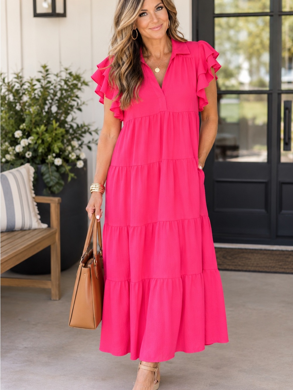 Umgee Hot Pink Tiered Maxi Dress with Ruffle Sleeves